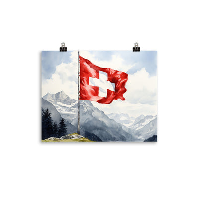 Schweizer Flagge und Berge im Hintergrund - Epische Stimmung - Malerei - Premium Poster (glänzend) berge xxx 27.9 x 35.6 cm
