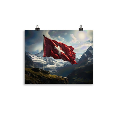 Schweizer Flagge und Berge im Hintergrund - Fotorealistische Malerei - Premium Poster (glänzend) berge xxx 27.9 x 35.6 cm