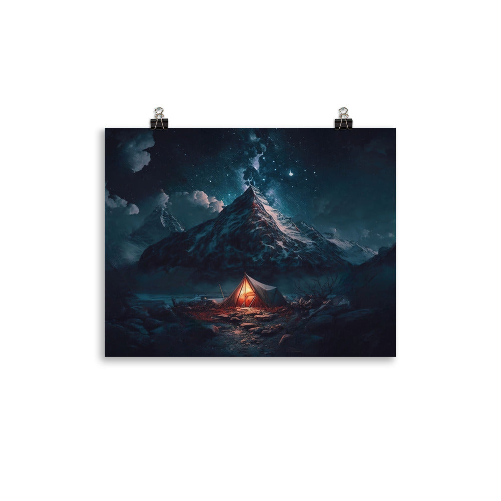 Zelt und Berg in der Nacht - Sterne am Himmel - Landschaftsmalerei - Premium Poster (glänzend) camping xxx 27.9 x 35.6 cm