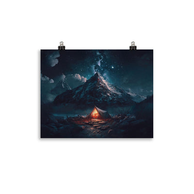 Zelt und Berg in der Nacht - Sterne am Himmel - Landschaftsmalerei - Premium Poster (glänzend) camping xxx 27.9 x 35.6 cm