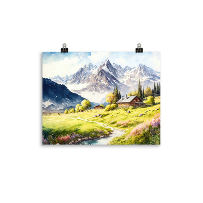 Epische Berge und Berghütte - Landschaftsmalerei - Premium Poster (glänzend) berge xxx 27.9 x 35.6 cm