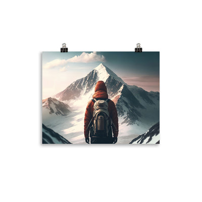 Wanderer von hinten vor einem Berg - Malerei - Premium Poster (glänzend) berge xxx 27.9 x 35.6 cm
