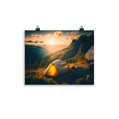 Zelt auf Berg im Sonnenaufgang - Landschafts - Premium Poster (glänzend) camping xxx 27.9 x 35.6 cm