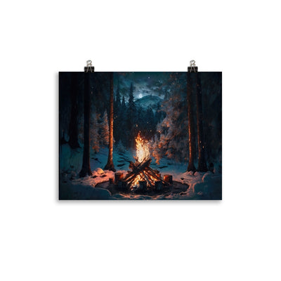 Lagerfeuer beim Camping - Wald mit Schneebedeckten Bäumen - Malerei - Premium Poster (glänzend) camping xxx 27.9 x 35.6 cm