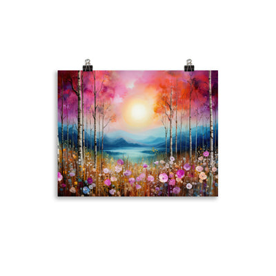 Berge, See, pinke Bäume und Blumen - Malerei - Premium Poster (glänzend) berge xxx 27.9 x 35.6 cm