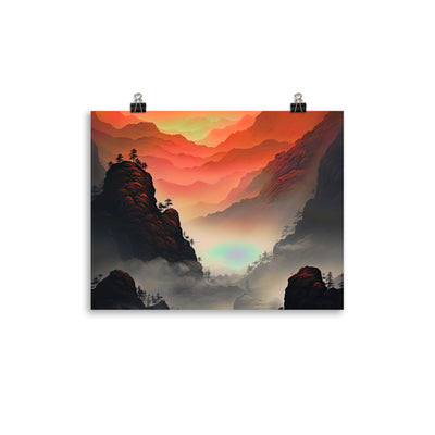 Gebirge, rote Farben und Nebel - Episches Kunstwerk - Premium Poster (glänzend) berge xxx 27.9 x 35.6 cm
