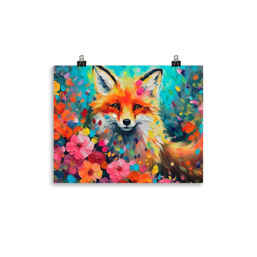 Schöner Fuchs im Blumenfeld - Farbige Malerei - Premium Poster (glänzend) camping xxx 27.9 x 35.6 cm