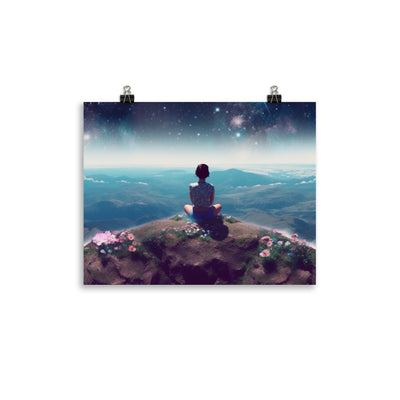 Frau sitzt auf Berg – Cosmos und Sterne im Hintergrund - Landschaftsmalerei - Premium Poster (glänzend) berge xxx 27.9 x 35.6 cm