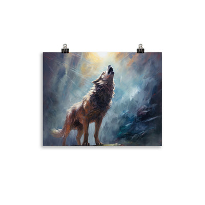 Heulender Wolf auf Berggipfel und Mond im Hintergrund – Abstrakte Malerei - Premium Poster (glänzend) camping xxx 27.9 x 35.6 cm