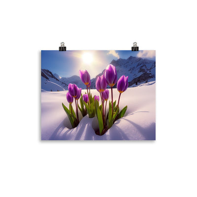 Tulpen im Schnee und in den Bergen - Blumen im Winter - Premium Poster (glänzend) berge xxx 27.9 x 35.6 cm