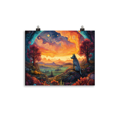 Hund auf Felsen - Epische bunte Landschaft - Malerei - Premium Poster (glänzend) camping xxx 27.9 x 35.6 cm