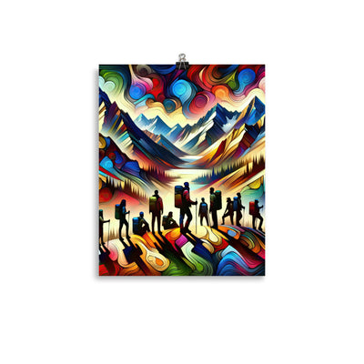 Abstraktes Kunstgemälde der Alpen voller lebendiger Muster. Ein vielfältiges Wanderteam, sowohl Männer als auch Frauen - Premium Luster wandern xxx yyy zzz 27.9 x 35.6 cm