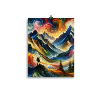Abstraktes Kunstgemälde der Alpen mit wirbelnden, lebendigen Farben und dynamischen Mustern. Wanderer Silhouette - Premium Luster Photo wandern xxx yyy zzz 27.9 x 35.6 cm