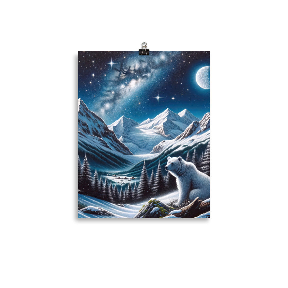 Sternennacht und Eisbär: Acrylgemälde mit Milchstraße, Alpen und schneebedeckte Gipfel - Premium Poster (glänzend) camping xxx yyy zzz 27.9 x 35.6 cm
