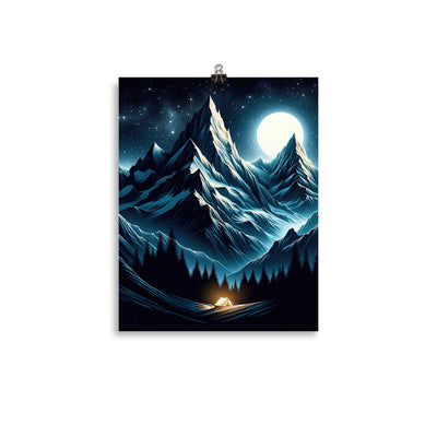 Alpennacht mit Zelt: Mondglanz auf Gipfeln und Tälern, sternenklarer Himmel - Premium Poster (glänzend) berge xxx yyy zzz 27.9 x 35.6 cm