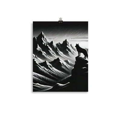 Kohlezeichnung, die die stille Stille der Alpen in der Winterdämmerung verkörpert. Wolf auf einem Berghügel (AN) - Premium Luster Photo xxx yyy zzz 27.9 x 35.6 cm