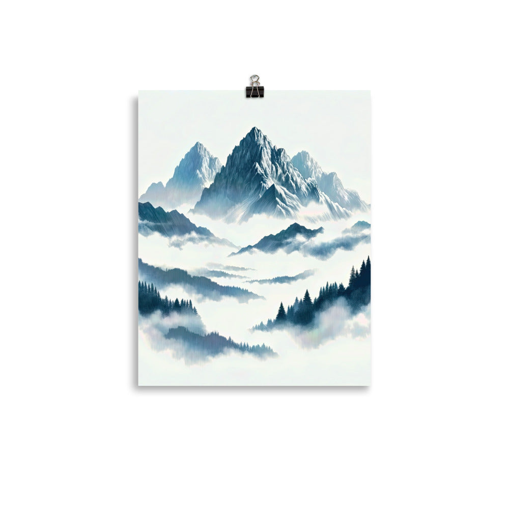 Nebeliger Alpenmorgen-Essenz, verdeckte Täler und Wälder - Premium Poster (glänzend) berge xxx yyy zzz 27.9 x 35.6 cm