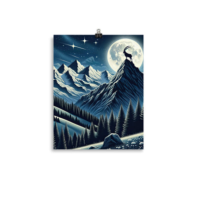 Steinbock in Alpennacht, silberne Berge und Sternenhimmel - Premium Poster (glänzend) berge xxx yyy zzz 27.9 x 35.6 cm