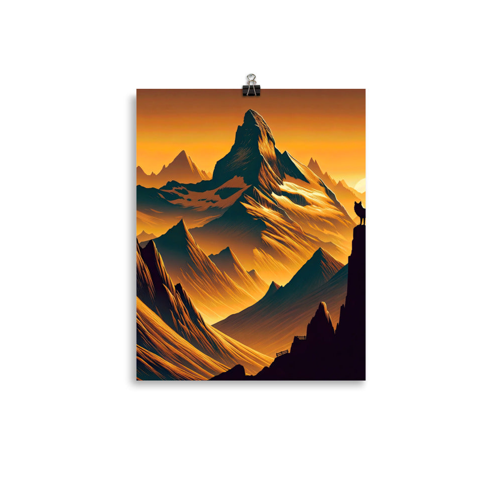 Fuchs in Alpen-Sonnenuntergang, goldene Berge und tiefe Täler - Premium Poster (glänzend) camping xxx yyy zzz 27.9 x 35.6 cm