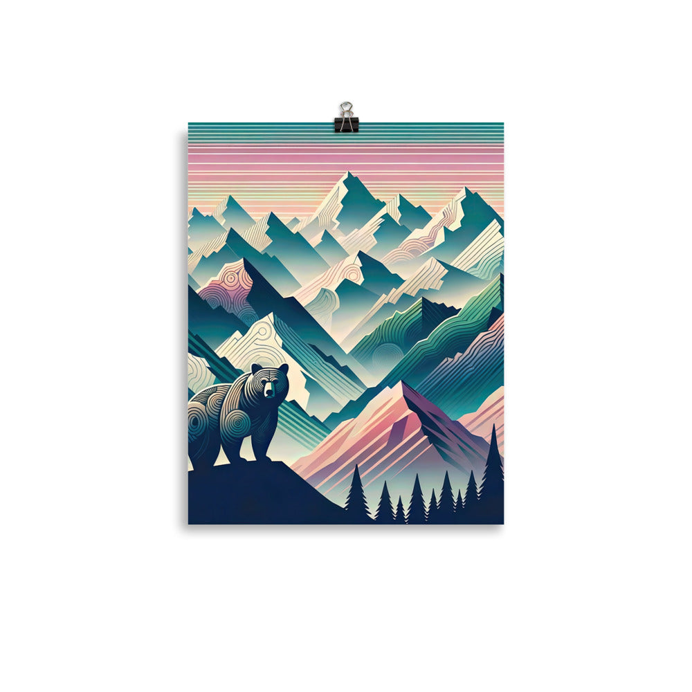 Bär im Panoramablick der Alpen, moderne Kunst-Gebirgsschichten - Premium Poster (glänzend) camping xxx yyy zzz 27.9 x 35.6 cm