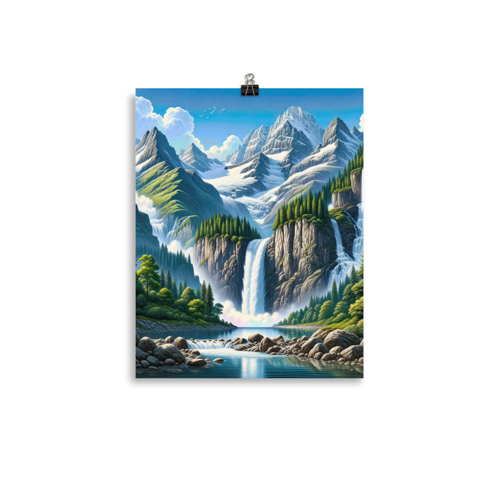 Illustration einer unberührten Alpenkulisse im Hochsommer. Wasserfall und See - Premium Poster (glänzend) berge xxx yyy zzz 27.9 x 35.6 cm