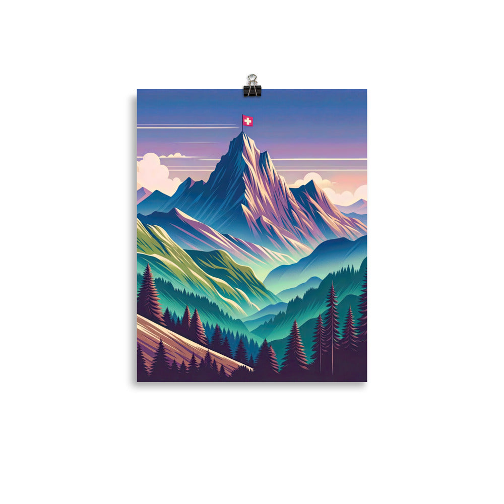 Harmonische Berglandschaft mit Schweizer Flagge auf Gipfel - Premium Poster (glänzend) berge xxx yyy zzz 27.9 x 35.6 cm