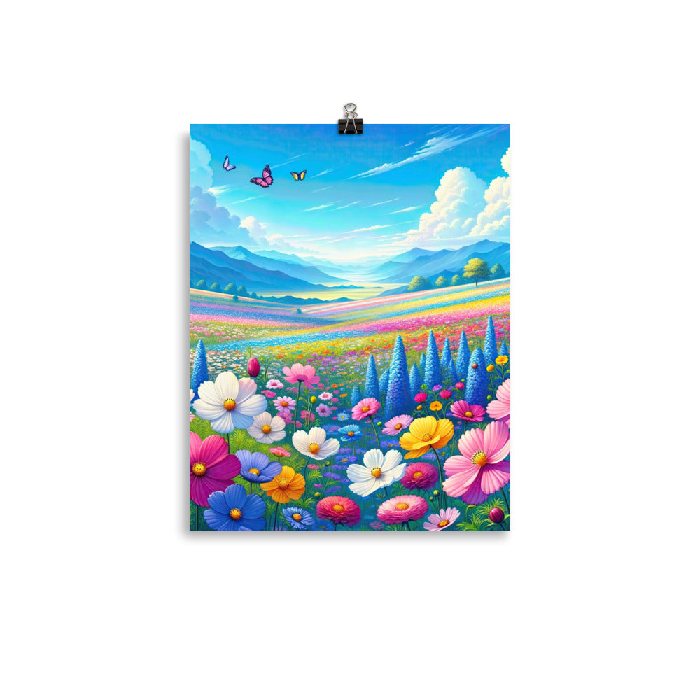 Weitläufiges Blumenfeld unter himmelblauem Himmel, leuchtende Flora - Premium Poster (glänzend) camping xxx yyy zzz 27.9 x 35.6 cm