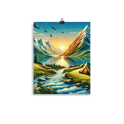 Zelt im Alpenmorgen mit goldenem Licht, Schneebergen und unberührten Seen - Premium Poster (glänzend) berge xxx yyy zzz 27.9 x 35.6 cm