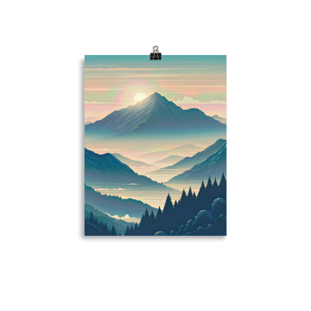 Bergszene bei Morgendämmerung, erste Sonnenstrahlen auf Bergrücken - Premium Poster (glänzend) berge xxx yyy zzz 27.9 x 35.6 cm