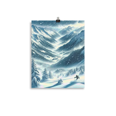 Alpine Wildnis im Wintersturm mit Skifahrer, verschneite Landschaft - Premium Poster (glänzend) klettern ski xxx yyy zzz 27.9 x 35.6 cm