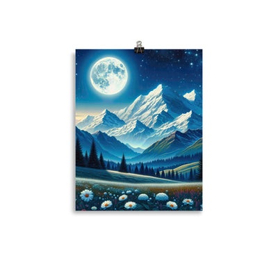 Klare frühlingshafte Alpennacht mit Blumen und Vollmond über Schneegipfeln - Premium Poster (glänzend) berge xxx yyy zzz 27.9 x 35.6 cm