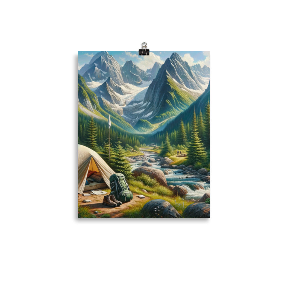 Ölgemälde der Alpensommerlandschaft mit Zelt, Gipfeln, Wäldern und Bächen - Premium Poster (glänzend) camping xxx yyy zzz 27.9 x 35.6 cm