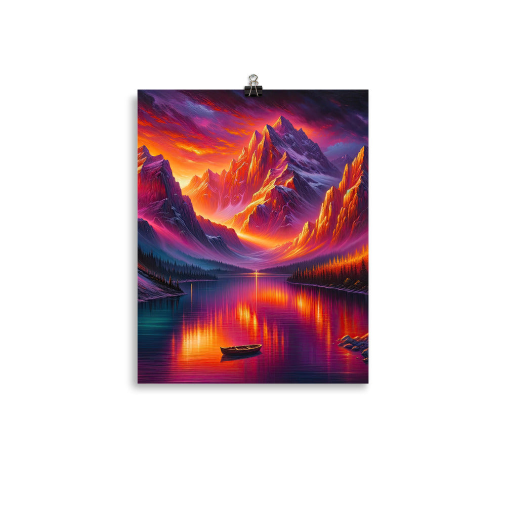 Ölgemälde eines Bootes auf einem Bergsee bei Sonnenuntergang, lebendige Orange-Lila Töne - Premium Poster (glänzend) berge xxx yyy zzz 27.9 x 35.6 cm