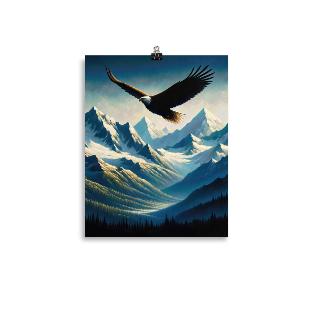 Ölgemälde eines Adlers vor schneebedeckten Bergsilhouetten - Premium Poster (glänzend) berge xxx yyy zzz 27.9 x 35.6 cm