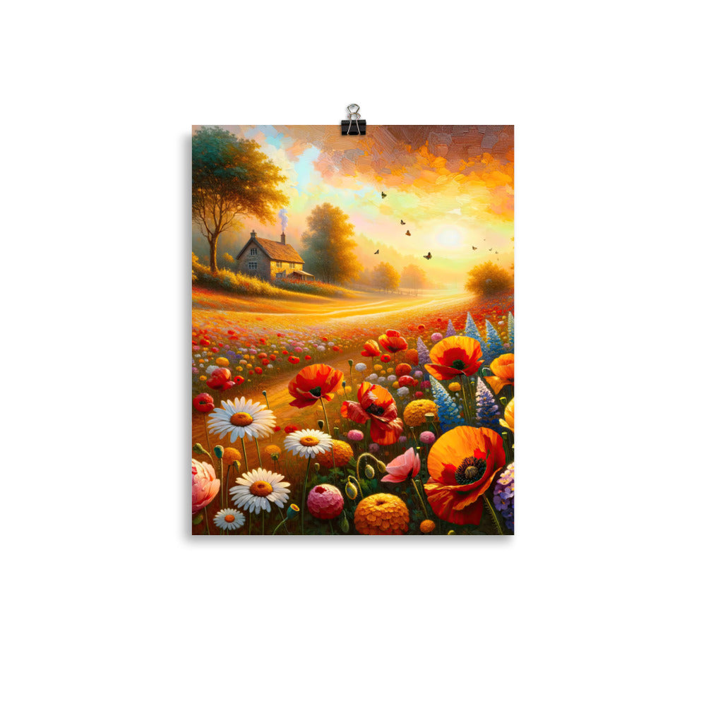 Ölgemälde eines Blumenfeldes im Sonnenuntergang, leuchtende Farbpalette - Premium Poster (glänzend) camping xxx yyy zzz 27.9 x 35.6 cm
