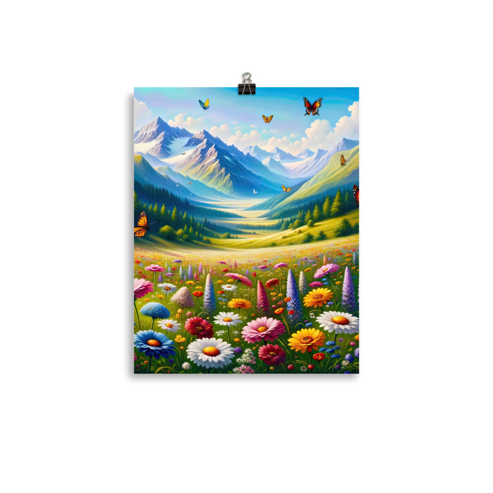 Ölgemälde einer ruhigen Almwiese, Oase mit bunter Wildblumenpracht - Premium Poster (glänzend) camping xxx yyy zzz 27.9 x 35.6 cm