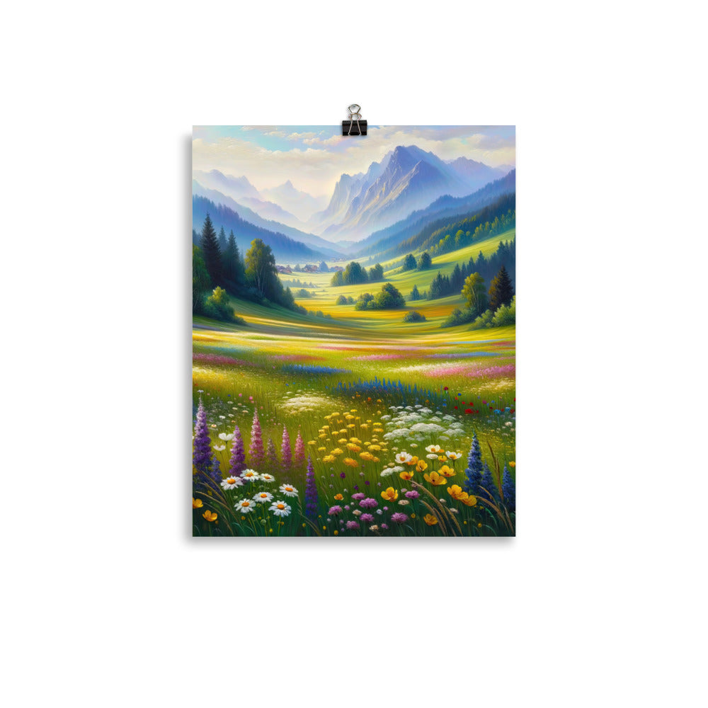 Ölgemälde einer Almwiese, Meer aus Wildblumen in Gelb- und Lilatönen - Premium Poster (glänzend) berge xxx yyy zzz 27.9 x 35.6 cm