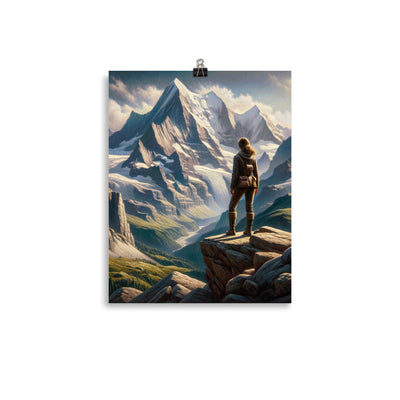 Ölgemälde der Alpengipfel mit Schweizer Abenteurerin auf Felsvorsprung - Premium Poster (glänzend) wandern xxx yyy zzz 27.9 x 35.6 cm