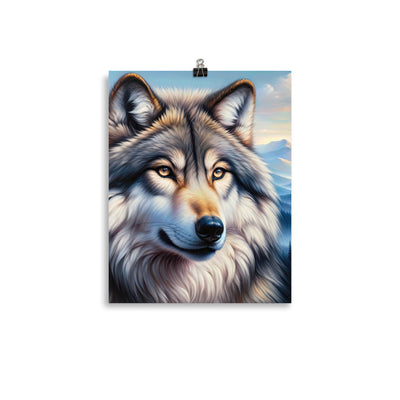 Ölgemäldeporträt eines majestätischen Wolfes mit intensiven Augen in der Berglandschaft (AN) - Premium Poster (glänzend) xxx yyy zzz 27.9 x 35.6 cm