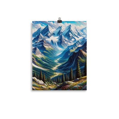 Panorama-Ölgemälde der Alpen mit schneebedeckten Gipfeln und schlängelnden Flusstälern - Premium Poster (glänzend) berge xxx yyy zzz 27.9 x 35.6 cm