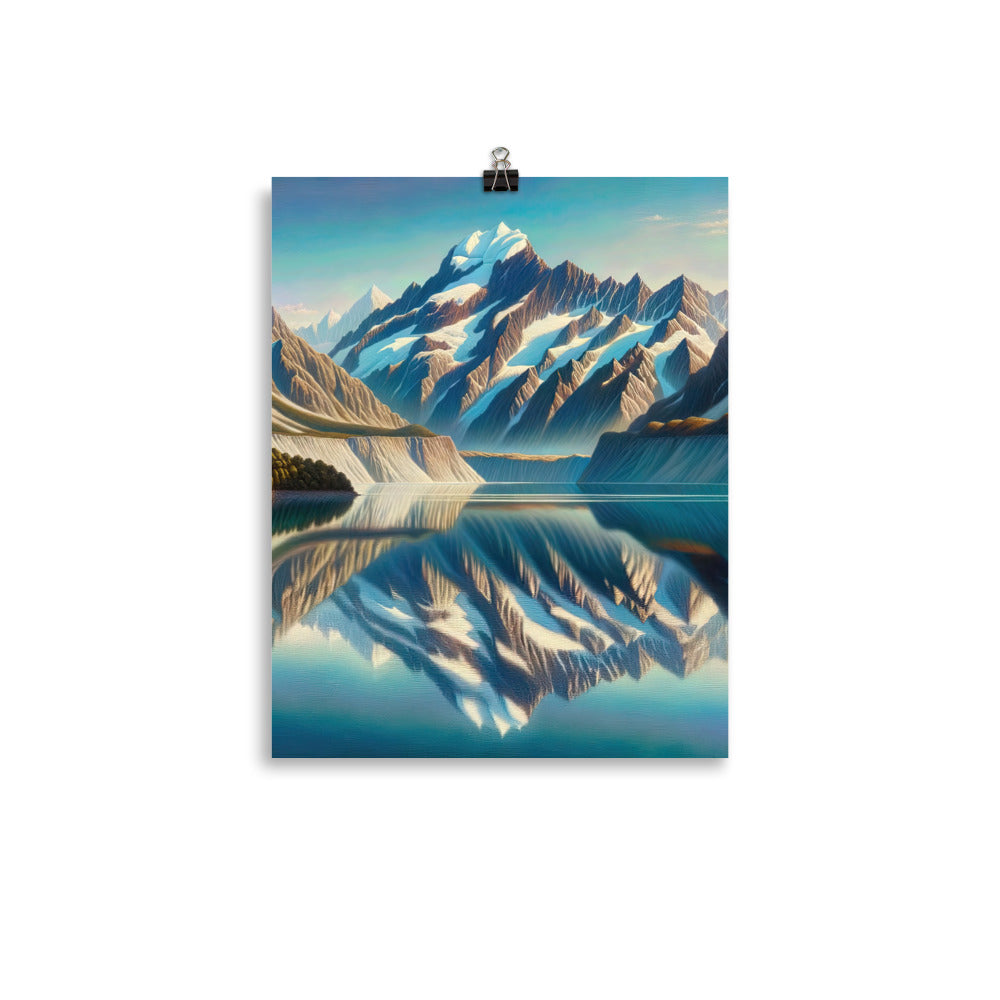 Ölgemälde eines unberührten Sees, der die Bergkette spiegelt - Premium Poster (glänzend) berge xxx yyy zzz 27.9 x 35.6 cm