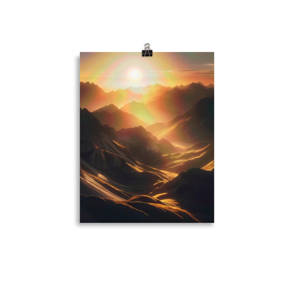 Foto der goldenen Stunde in den Bergen mit warmem Schein über zerklüftetem Gelände - Premium Poster (glänzend) berge xxx yyy zzz 27.9 x 35.6 cm