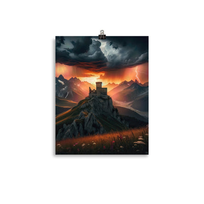 Foto einer Alpenburg bei stürmischem Sonnenuntergang, dramatische Wolken und Sonnenstrahlen - Premium Poster (glänzend) berge xxx yyy zzz 27.9 x 35.6 cm