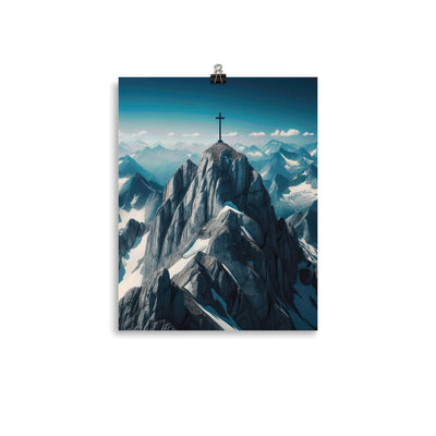 Foto der Alpen mit Gipfelkreuz an einem klaren Tag, schneebedeckte Spitzen vor blauem Himmel - Premium Poster (glänzend) berge xxx yyy zzz 27.9 x 35.6 cm