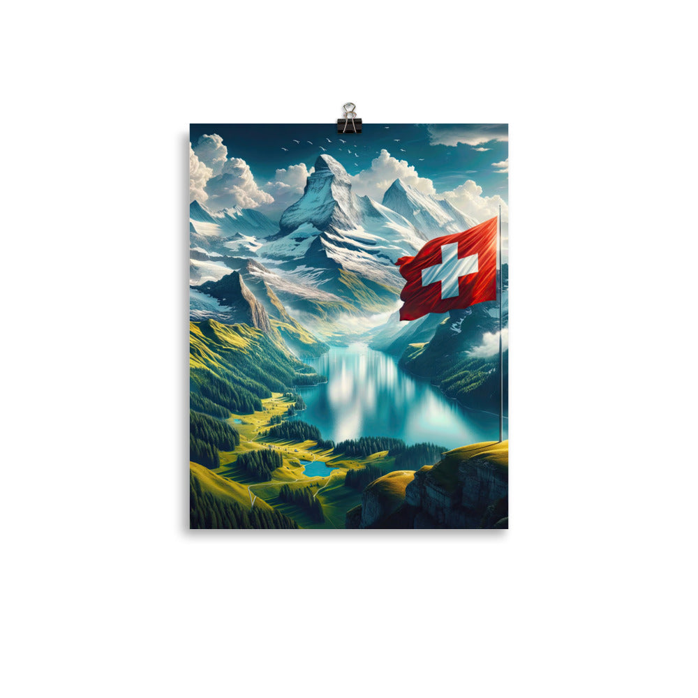 Ultraepische, fotorealistische Darstellung der Schweizer Alpenlandschaft mit Schweizer Flagge - Premium Poster (glänzend) berge xxx yyy zzz 27.9 x 35.6 cm