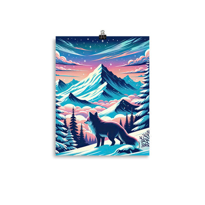 Vektorgrafik eines alpinen Winterwunderlandes mit schneebedeckten Kiefern und einem Fuchs - Premium Poster (glänzend) camping xxx yyy zzz 27.9 x 35.6 cm