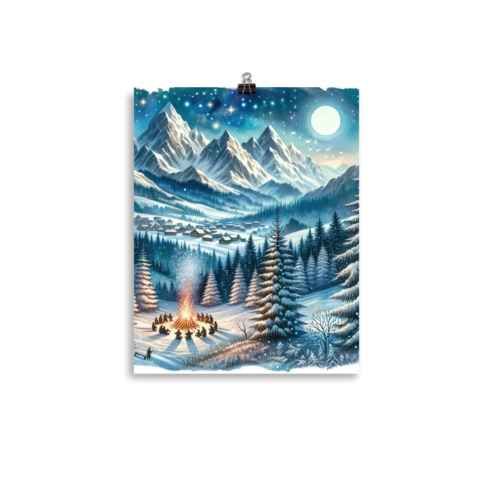 Aquarell eines Winterabends in den Alpen mit Lagerfeuer und Wanderern, glitzernder Neuschnee - Premium Poster (glänzend) camping xxx yyy zzz 27.9 x 35.6 cm