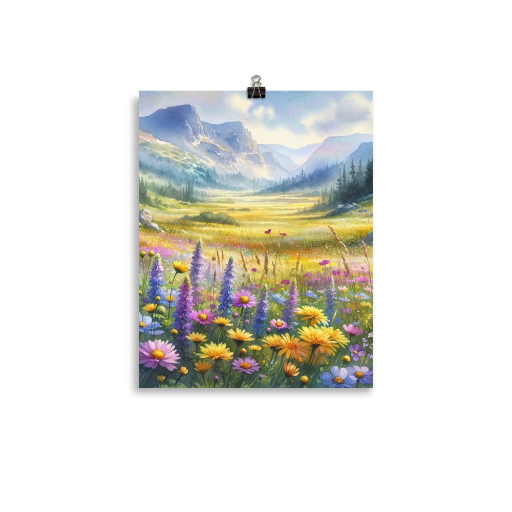 Aquarell einer Almwiese in Ruhe, Wildblumenteppich in Gelb, Lila, Rosa - Premium Poster (glänzend) berge xxx yyy zzz 27.9 x 35.6 cm