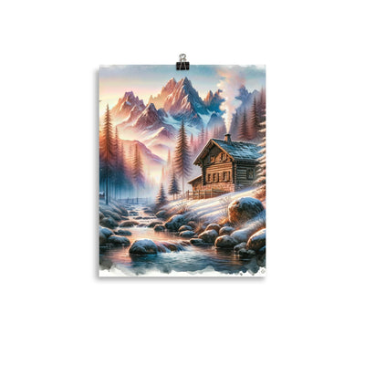 Aquarell einer Alpenszene im Morgengrauen, Haus in den Bergen - Premium Poster (glänzend) berge xxx yyy zzz 27.9 x 35.6 cm