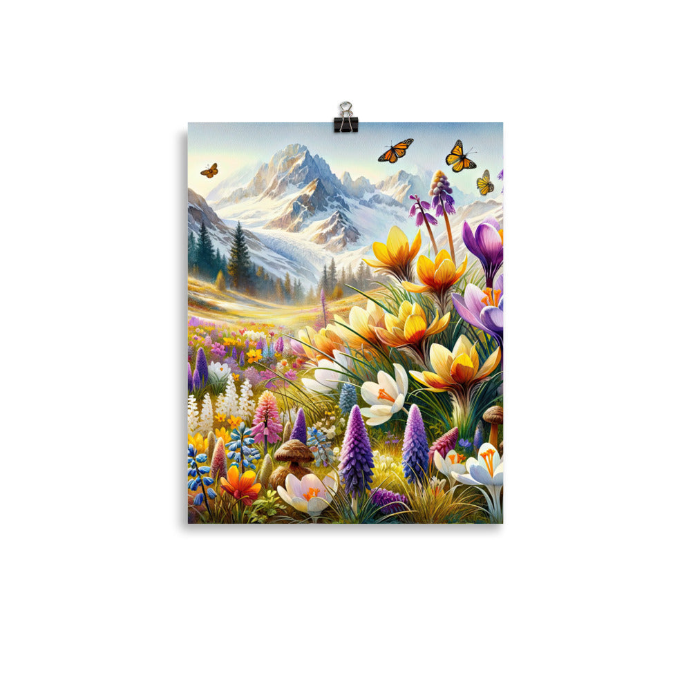 Aquarell einer ruhigen Almwiese, farbenfrohe Bergblumen in den Alpen - Premium Poster (glänzend) berge xxx yyy zzz 27.9 x 35.6 cm